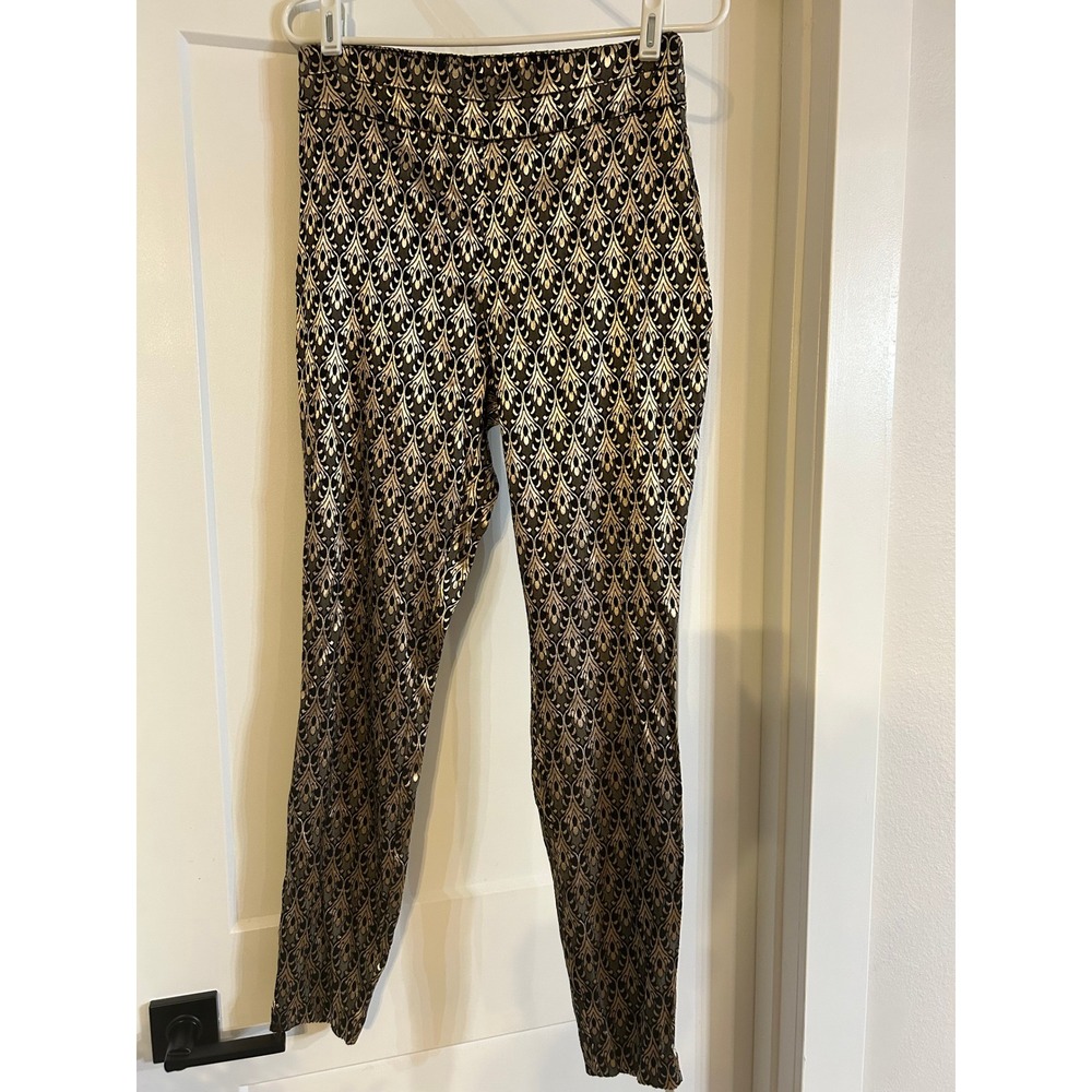 New York & Company Black Gold Art Deco Print Stretch Pants‎ Women Medium Pull On